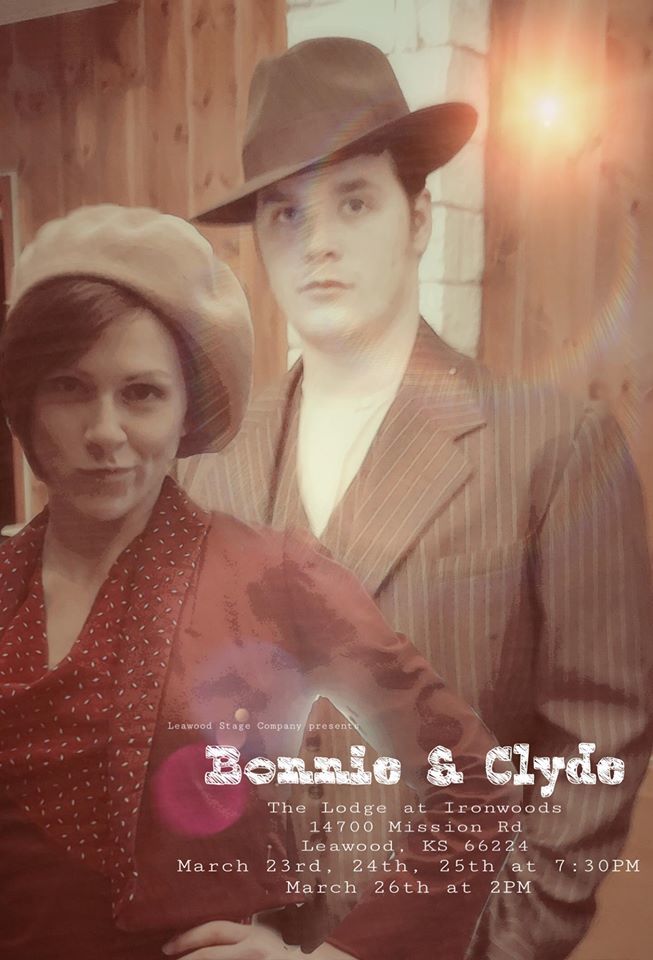 Ashton Botts as Bonnie Parker and Steven Ansel as Clyde Barrow in the KC area premiere of the musical BONNIE & CLYDE at Leawood Stage Company - March 23-26. 1