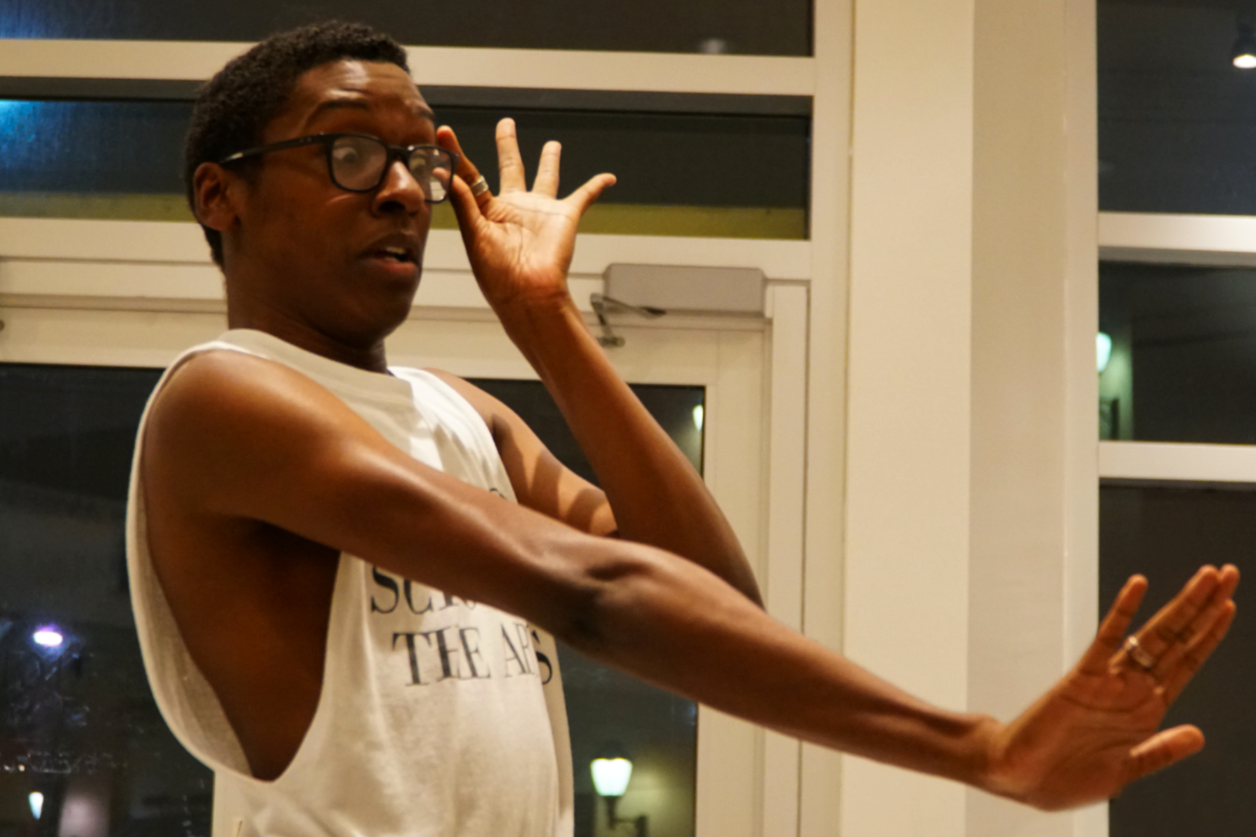 Imran Hylton in rehearsal as Miss Hannigan.