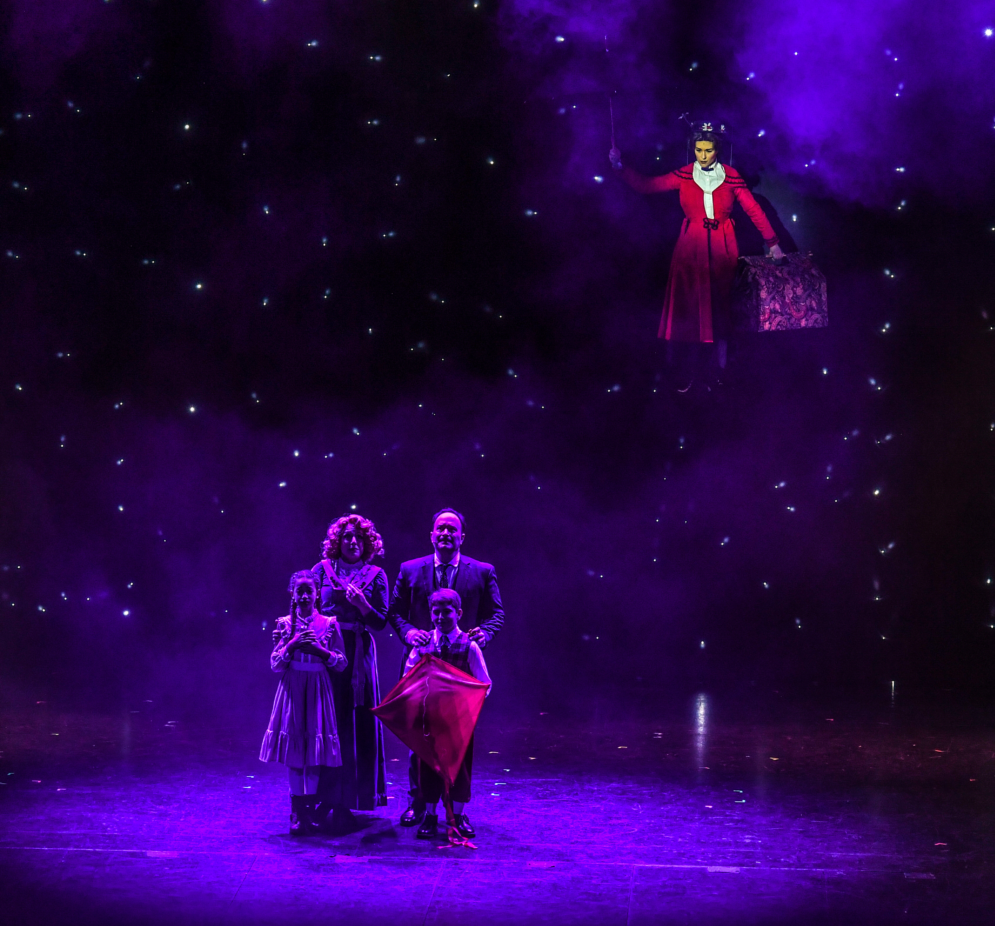 (Left to right) Victoria Vasquez (front), April Strelinger (back), Nate Colton, (front) Matthew Korinko (back), Melissa Whitworth (flying) in Slow Burn Theater Company?s MARY POPPINS