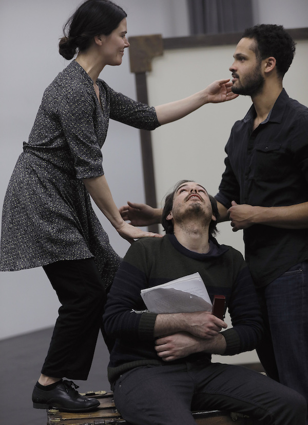 FIRST LOOK! Rehearsal pix - The Master (Teague M Parker) recounts meeting Margarita (Jennifer Faulkner) for an enthralled Ivan (Nathan Brockett) THE MASTER & MARGARITA: A Remix of Bulgakov by theater simple. photo by Chris Bennion. 