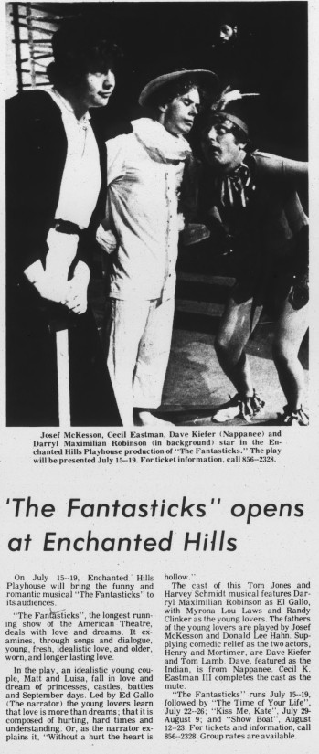 AN EL GALLO OBSERVING THE ACTION!: Seen above at a distance in this newspaper photo, Darryl Maximilian Robinson appeared as The Narrator, El Gallo, in the 1981 Enchanted Hills Playhouse of Syracuse, Indiana revival of Tom Jones' and Harvey Schmidt's classic romantic musical 
