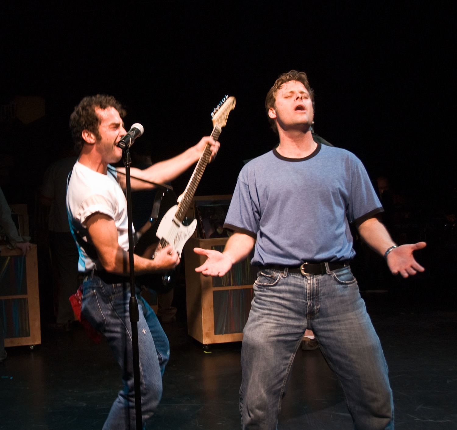 Todd Micali as Bruce Springsteen and Jeffrey M. Wright as Rob Gordon, in New Line Theatre's 2008 production of HIGH FIDELITY. Both actors return for the 2012 production. Photo credit: Michael C. Daft.