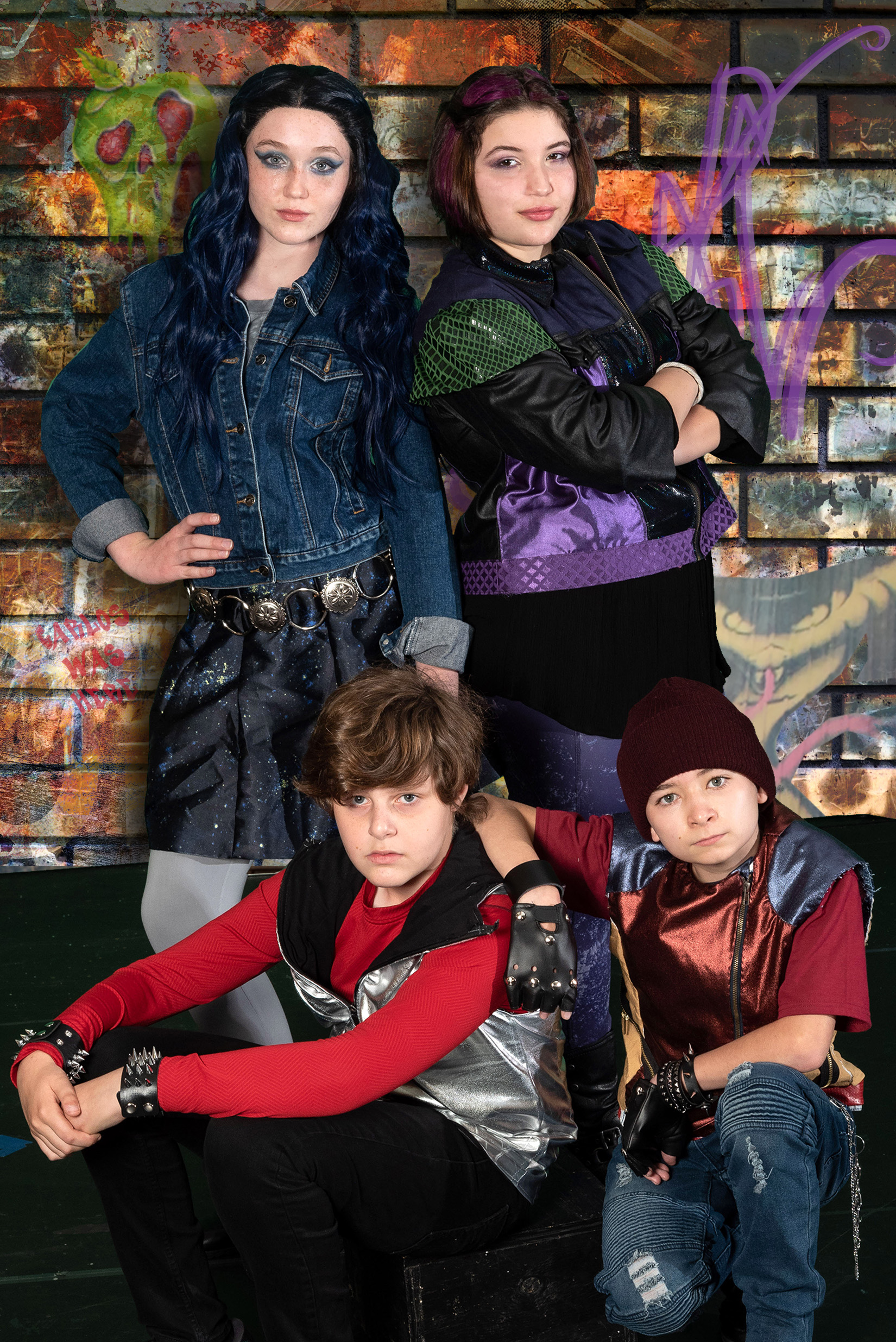 The children of four of the most evil Disney villains (clockwise from top right, Annabel Gardiner (Santa Clara), Jack Pagan (Sunnyvale), Daniel McKellar (Sunnyvale), Sam Bergmann (Palo Alto)) travel to Auradon to mix with princes and princesses in Disney's Descendants.