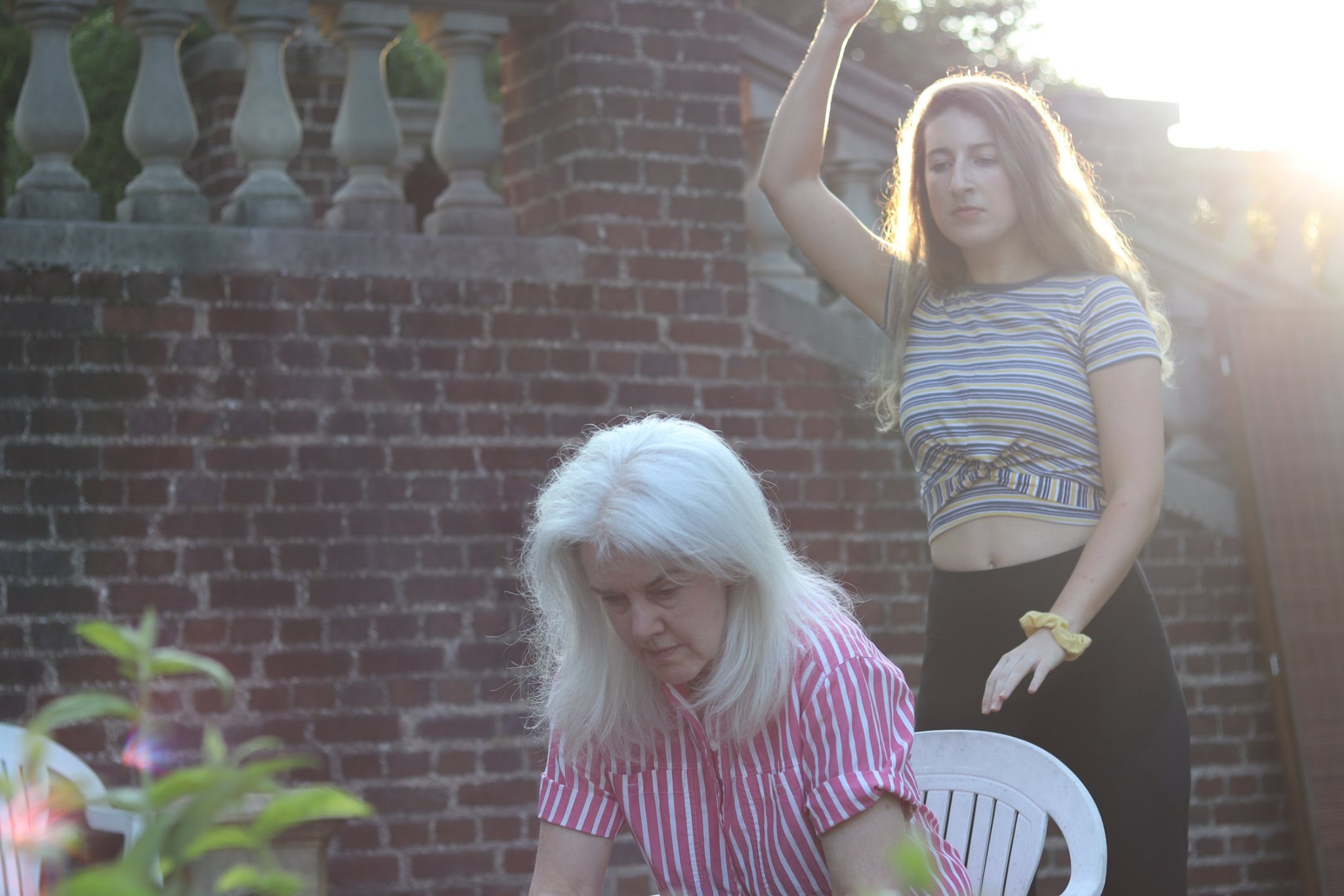 Leanne Rooney as Hamlet and Mary Ethel Schmidt as King Claudius rehearse a scene from Schuylkill Free Shakespeare's production of The Tragedie of Hamlet, directed by Emily Rose Ehlinger.