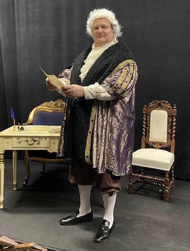 Christian Miller as King George II…. Ready to do battle with George Fredric Handel over performing of The Messiah. 