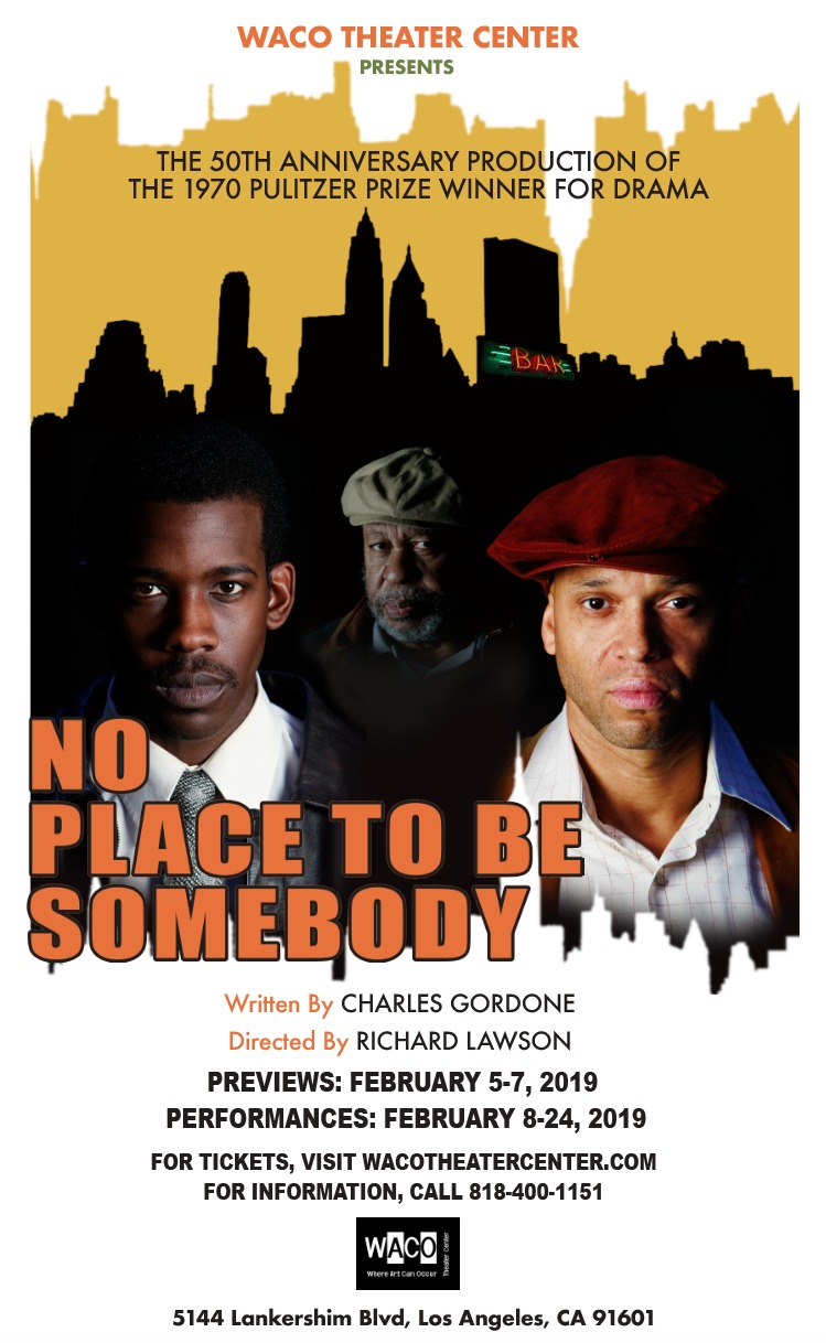 NO PLACE TO BE SOMEBODY explores race relations, culture and the American dream at the height of the Civil Rights Movement. Written over the course of seven years, Gordon shares the story of a black bar owner trying to outwit a white mobster syndicate who wants power by any means necessary. In the midst of chaos and the allusion of the forward movement for blacks, the production speaks to the pressing issues of our times, particularly America?s troubling racial divide. We view the world from the viewpoint of actor-playwright Gabe Gabriel (Terryl Daluz), who occasionally steps out of his role and plays observer, delivering heart wrenching moments which accentuate the play?s boiling frustrations and anger. 1
