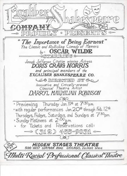 Chicago Earnest: Show Card of the 1995 Excaliber Shakespeare Company of Chicago 100th Anniversary Production of The Importance of Being Earnest by Oscar Wilde directed by Darryl Maximilian Robinson.