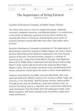 A Wilde Review: Jan. 26, 1995 Chicago Reader notice of The ESC of Chicago 100th Anniversary Revival of The Importance of Being Earnest directed by Darryl Maximilian Robinson.