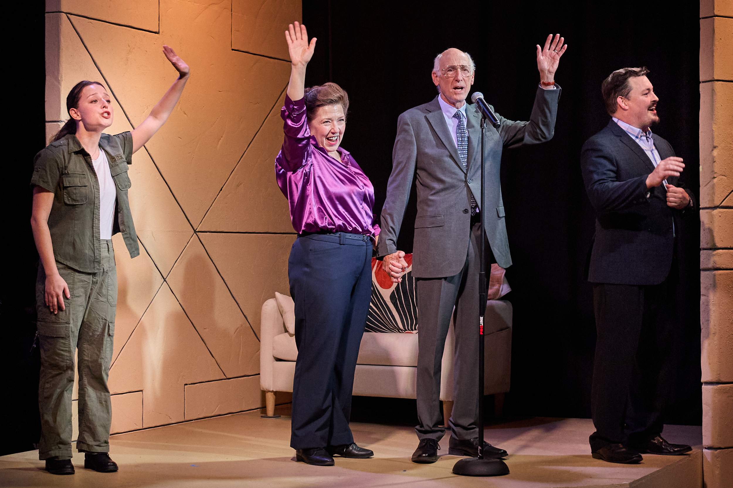 Emma Wallach, Nicole Halmos and Mitch Greenberg (as Noa, Leah and Yitzhak Rabin) at the rally with Chris Dailer (as Tel Aviv mayor). Photo by Peggy Ryan Emma Wallach, Nicole Halmos and Mitch Greenberg (as Noa, Leah and Yitzhak Rabin) at the rally with Chris Dailer (as Tel Aviv mayor). Photo by Peggy Ryan