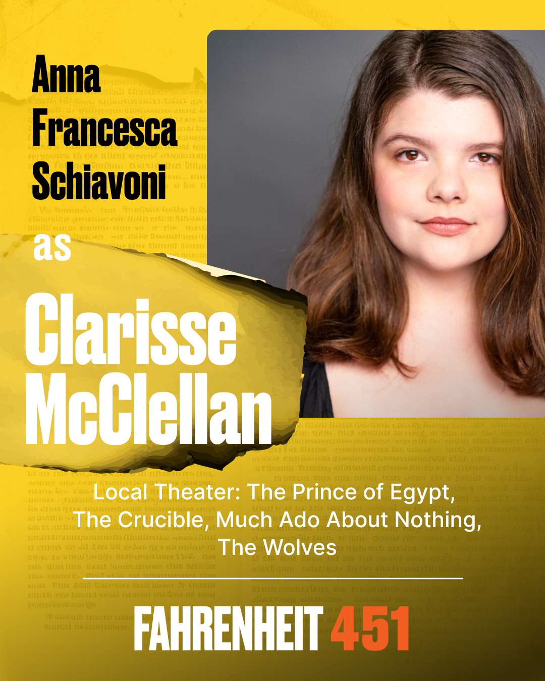 Anna Francesca Schiavoni Clarisse McClellan Anna Francesca Schiavoni is ecstatic to be back on the Bay Street stage with the amazing program that is Literature Live. Credits include The Prince of Eg Anna Francesca Schiavoni Clarisse McClellan Anna Francesca Schiavoni is ecstatic to be back on the Bay Street stage with the amazing program that is Literature Live. Credits include The Prince of Eg