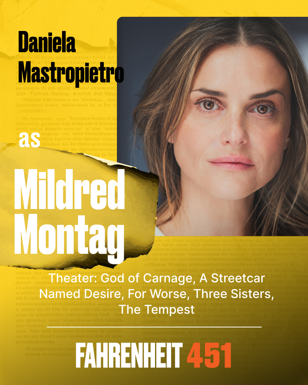 Daniela Mastropietro Mildred Montag, Ensemble Daniela Mastropietro is a Brooklyn-based actor and thrilled to be back at The Bay Street Theater. Favorite roles include Veronica in God of Carnage for Daniela Mastropietro Mildred Montag, Ensemble Daniela Mastropietro is a Brooklyn-based actor and thrilled to be back at The Bay Street Theater. Favorite roles include Veronica in God of Carnage for