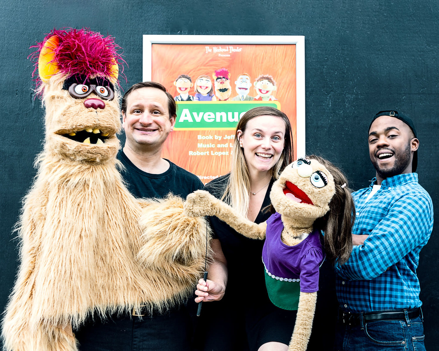 Drew Ellis (Trekkie), Heidi Wallace Leftwich (Kate Monster), and Willie Lucius (Gary Coleman) are part of the cast of Avenue Q, opening June 14 at The Weekend Theater in Little Rock. 