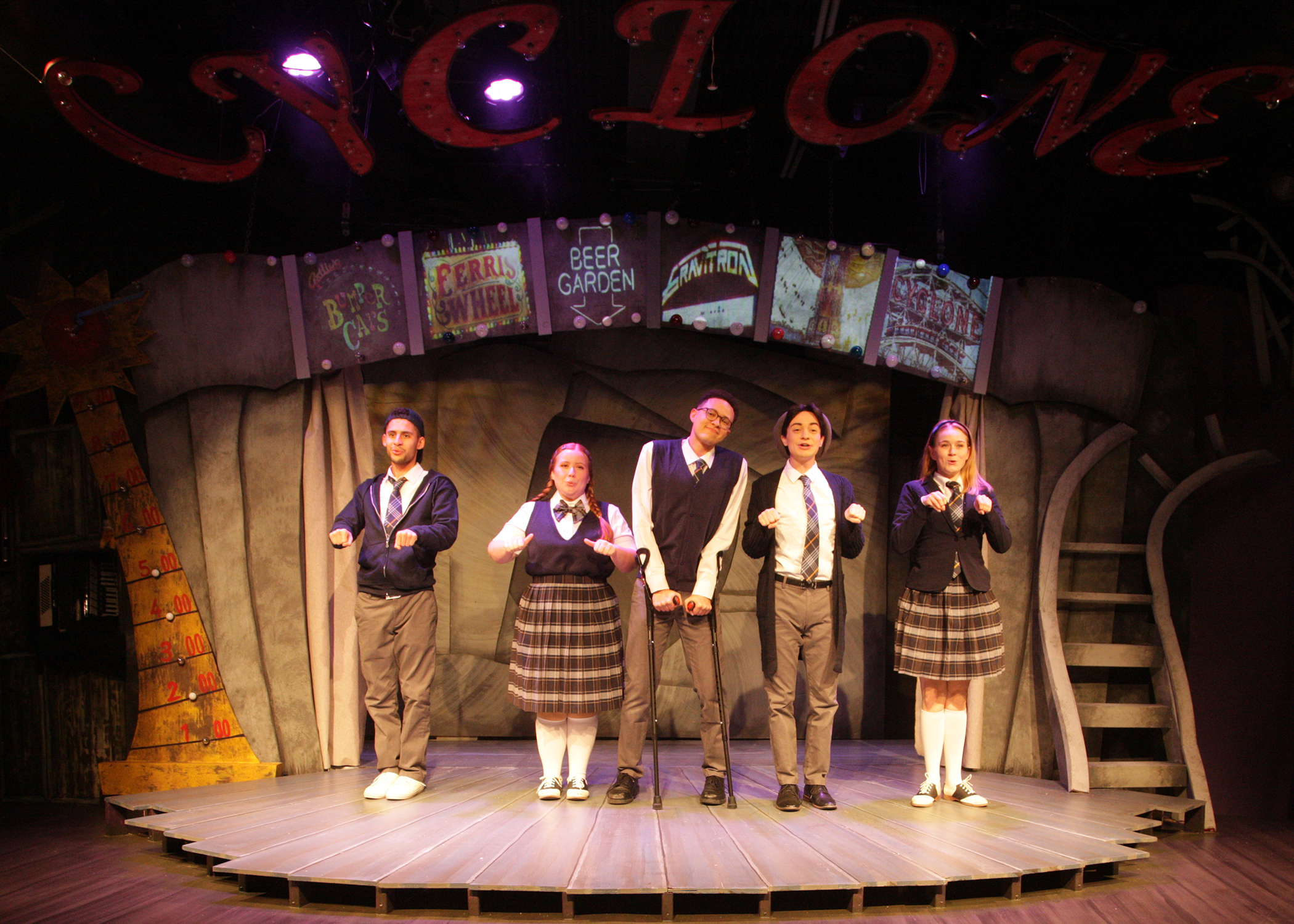 Jared Machado as Mischa Bachinski, Rose Prell as Constance Blackwood, Jaylen Baham as Ricky Potts, Wyatt Hatfield as Noel Gruber, and Haley Wolff as Ocean O'Connell Rosenberg in Chance Theater's California premiere production of 