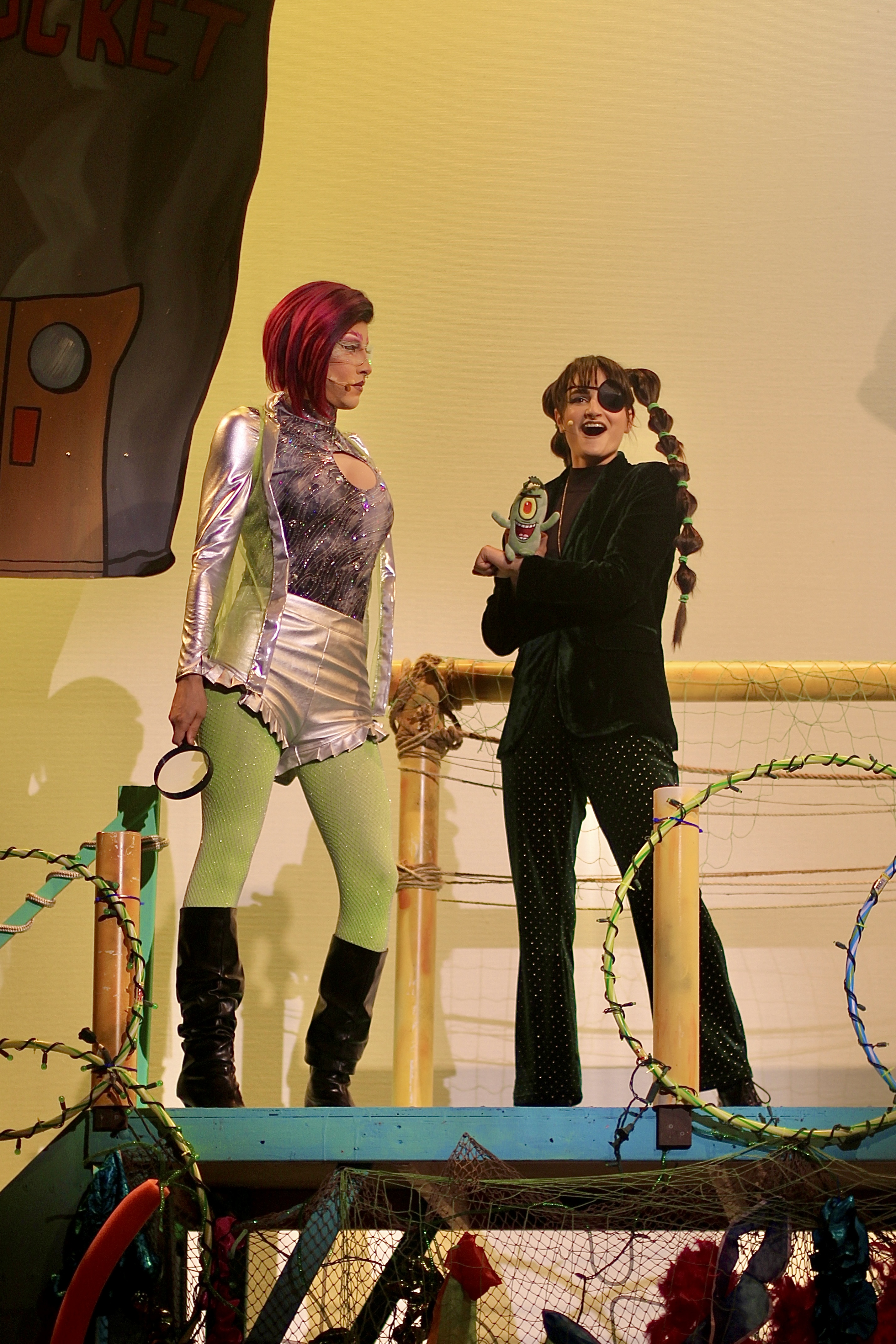 Daniel Torres as Karen the Computer and Meghan Ottomano as Sheldon Plankton (photo by Bee Pruitt, courtesy of Celebration Theatre Company)