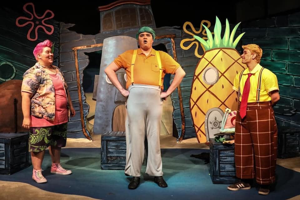 Squidward (Josh Merrill), Patrick (Bear Golden) and SpongeBob (Logan Swope) in Starlight Community Theater's THE SPONGEBOB MUSICAL. (photo credit: Renee Ashlock)