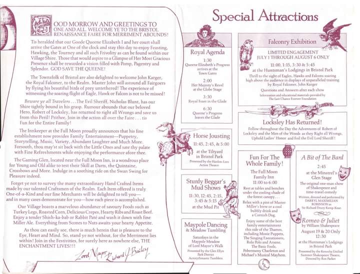 Bard At Bristol 3: 1989 Program Page Listing The Special Attraction of Darryl Maximilian Robinson as Sir Richard Drury Kemp-Kean in A Bit of the Bard daily at The Minstrels Glen Stage at 2:45 pm.