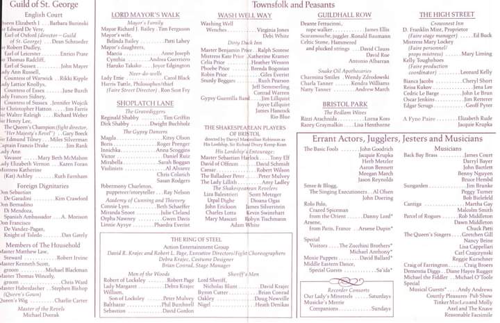 Bard At Bristol 2: 1989 Program Page Listing Darryl Maximilian Robinson as His Lordship, Sir Richard Drury Kemp-Kean as Leader of The Shakespearean Revelers and a Townsperson at The Bristol Faire.