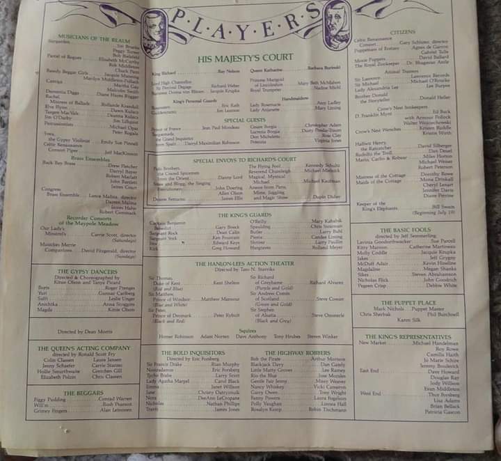 The Court of King Richard: 1986 14th Annual King Richards Faire of Kenosha, Wisconsin Program Cast Listing of Darryl Maximilian Robinson as Tomas de Torquemada, The Grand Inquisitor of Spain.