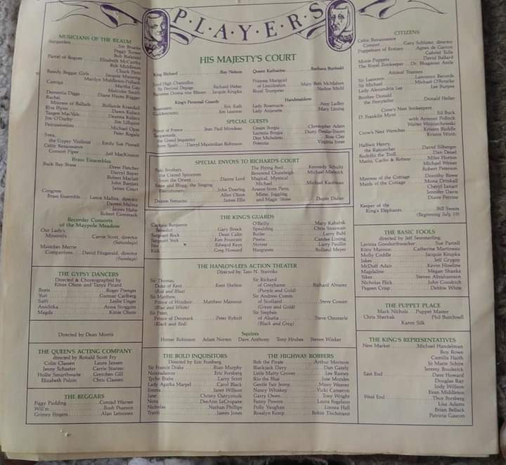 The Court of King Richard: 1986 14th Annual King Richards Faire of Kenosha, Wisconsin Program Cast Listing of Darryl Maximilian Robinson as Tomas de Torquemada, The Grand Inquisitor of Spain.