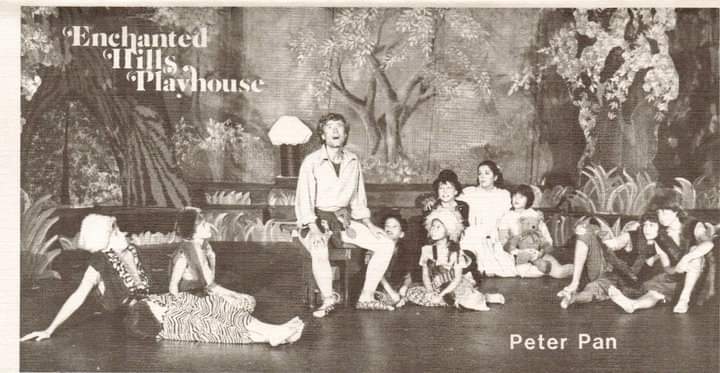He Has Gotta Crow!: Gifted actor and singer Timothy Mathis as Peter Pan shares a song with the children in the 1984 Enchanted Hills Playhouse revival of the musical Peter Pan.
