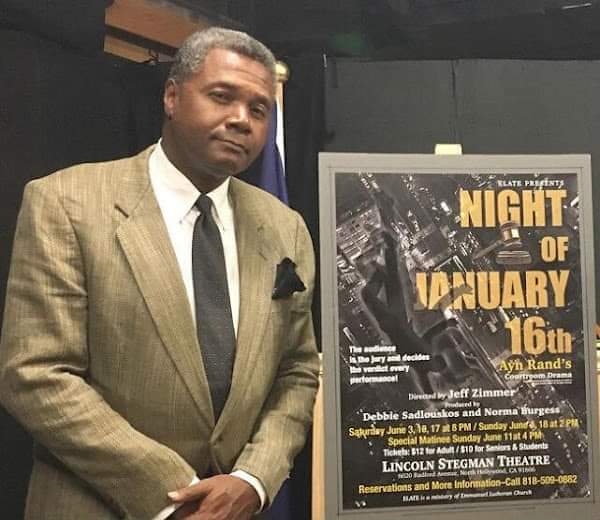 Seeking A Verdict: Darryl Maximilian Robinson starred as District Attorney Flint in a 2017 revival of Night of January 16th by Ayn Rand at The Lincoln Stegman Theatre in North Hollywood, California.