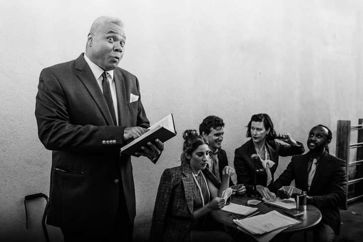 The Press Club: Darryl Maximilian Robinson as Bensinger, Danielle Fraser as Endicott, Rory McLaverty as Schwartz, Alicia Sterling Beach as McCue and Roderick Walker as Murphy in The Front Page.