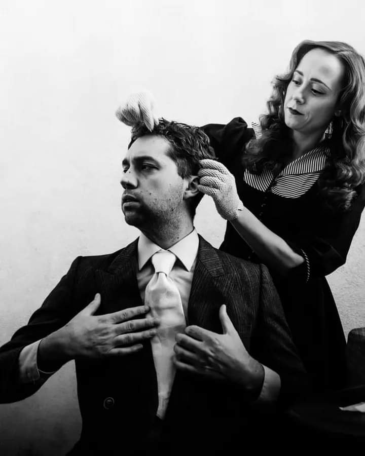 Hildy Likes To Groom Her Man: Philip Rossi as Bruce Baldwin and Tanya Laine as Hildy Johnson star in The Culver City Public Theatre revival of the classic comedy The Front Page.