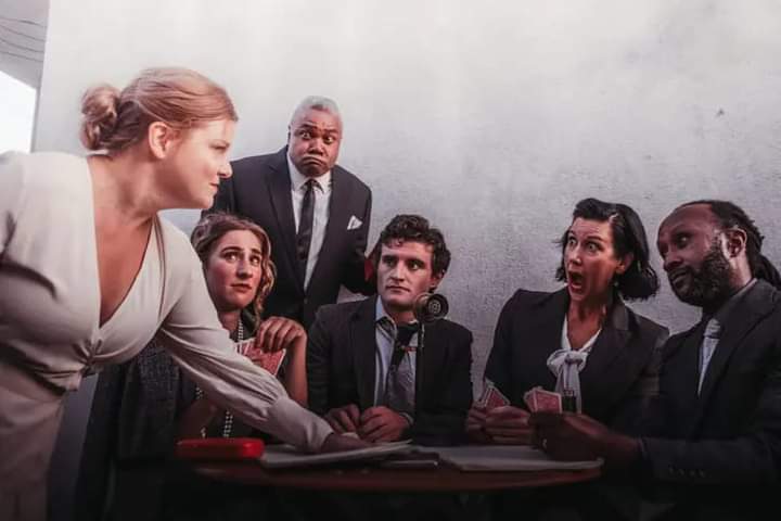 Mad Molly Malloy: Tamara Koltes, Danielle Fraser, Darryl Maximilian Robinson, Rory McLaverty, Alicia Sterling Beach and Roderick Walker in The Culver City Public Theatre revival of The Front Page.