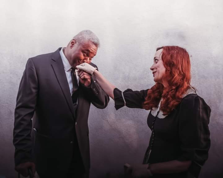 A Debut: Darryl Maximilian Robinson as Chicago Tribune News Reporter Roy V. Bensinger bids farwell to Tanya Laine as Hildy Johnson in the Culver City Public Theatre revival of The Front Page.