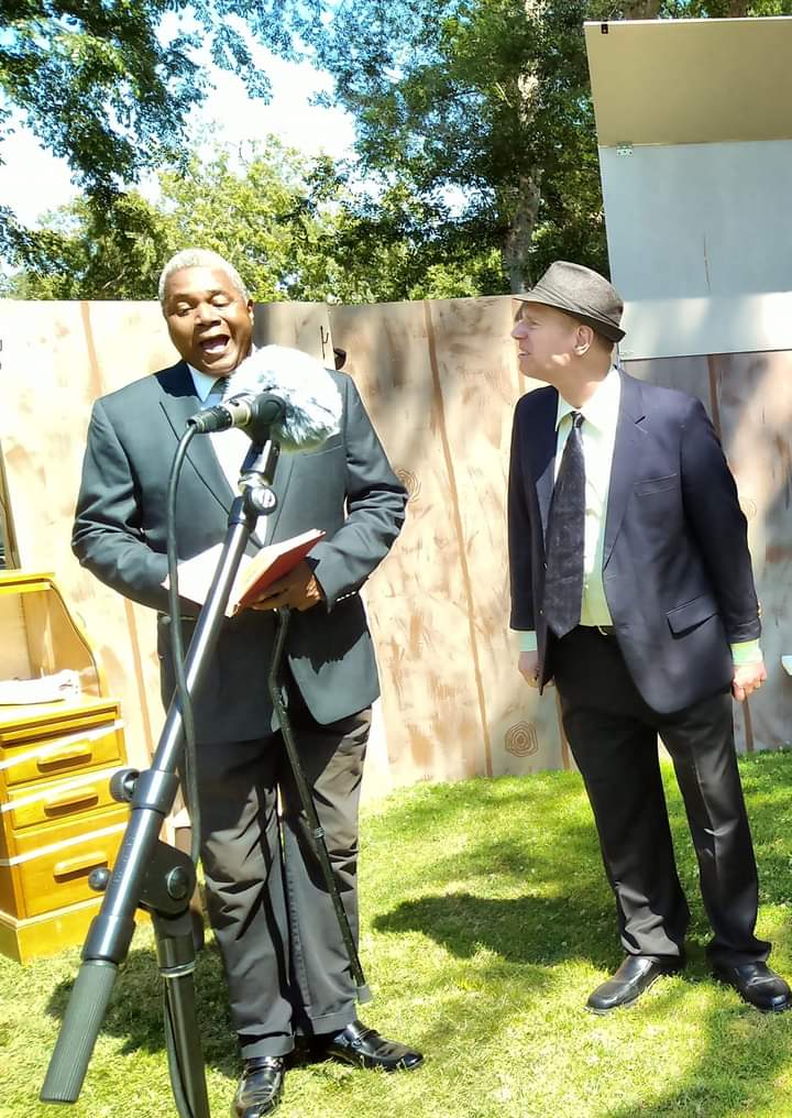 A Doubter: Darryl Maximilian Robinson as Bensinger and Ted Burke as Diamond Louie in The Culver City Public Theatre revival of THE FRONT PAGE.