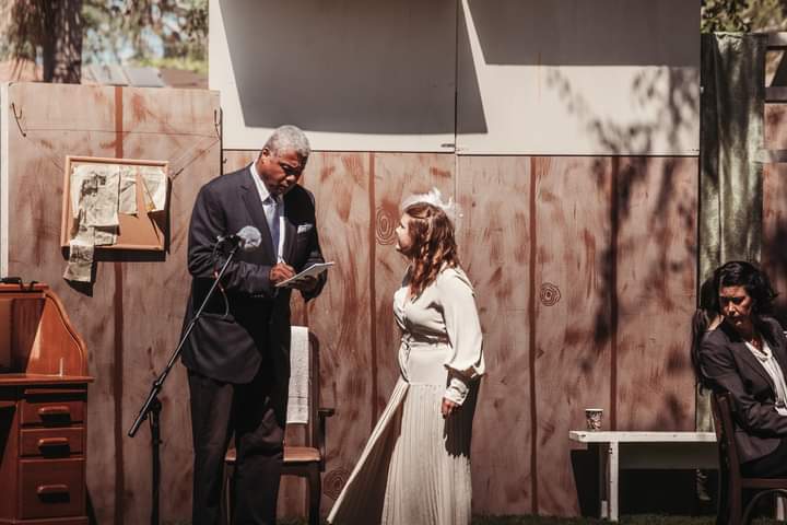 Noting Molly: Darryl Maximilian Robinson as Bensinger, Tamara Koltes as Molly Molloy and Alicia Sterling Beach as McCue in The CCPT revival of THE FRONT PAGE.