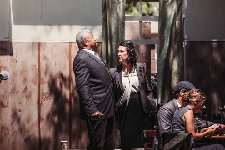 Too Busy At The Stations: Darryl Maximilian Robinson as Bensinger and Alicia Sterling Beach as McCue have a bit of a tiff in The CCPT revival of THE FRONT PAGE.