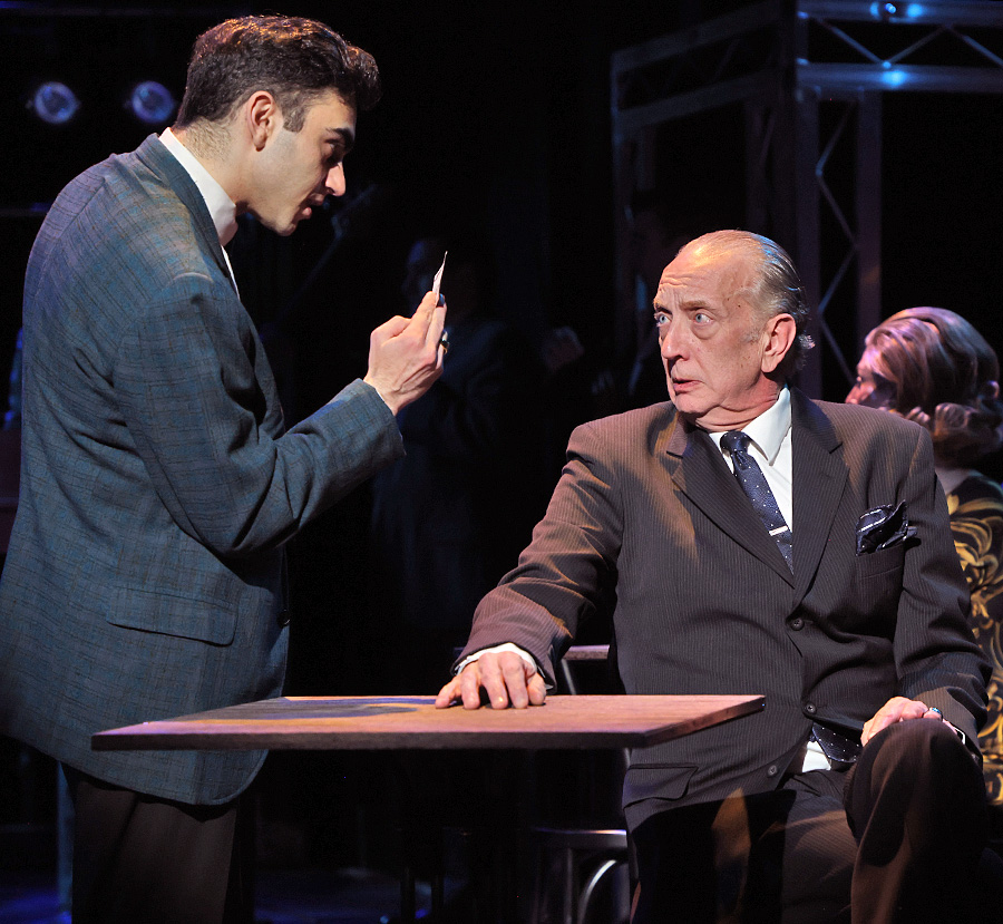 Frankie Valli (Gian Raffaele DiCostanzo), left, calls in a favor from Gyp DeCarlo (Jeff Stockberger) in Beef & Boards Dinner Theatre''s production Jersey Boys, now on stage through April 13. 