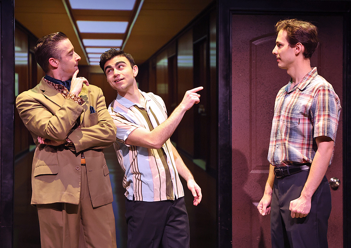 Frankie Valli (Gian Raffaele DiCostanzo), center, introduces Bob Crewe (Joey Boos), left, to Bob Gaudio (Nikita Burshteyn) in Beef & Boards Dinner Theatre''s production of Jersey Boys, now on stage thr