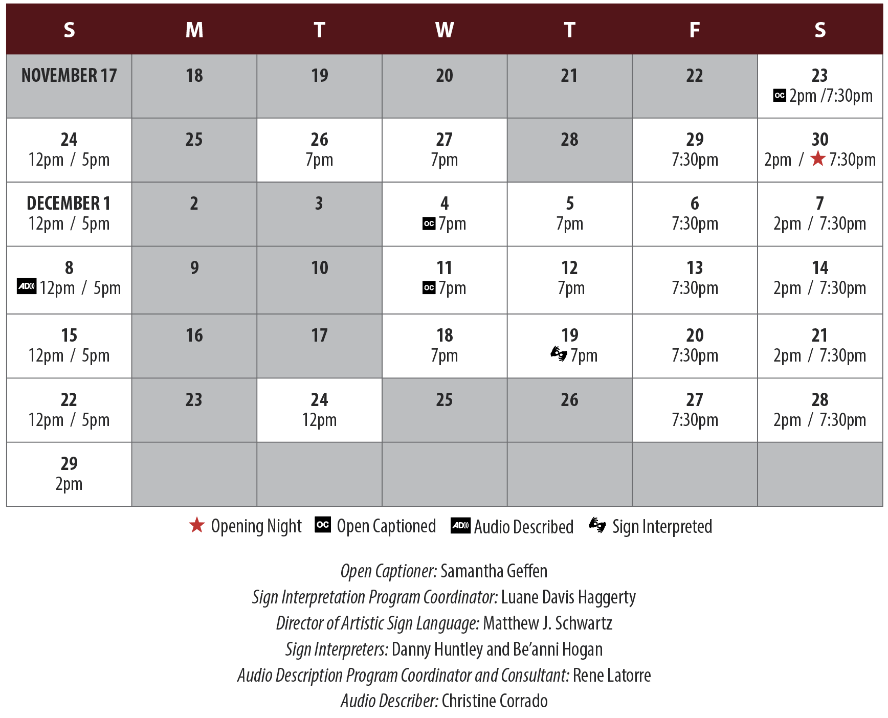 A Christmas Carol Performance Calendar