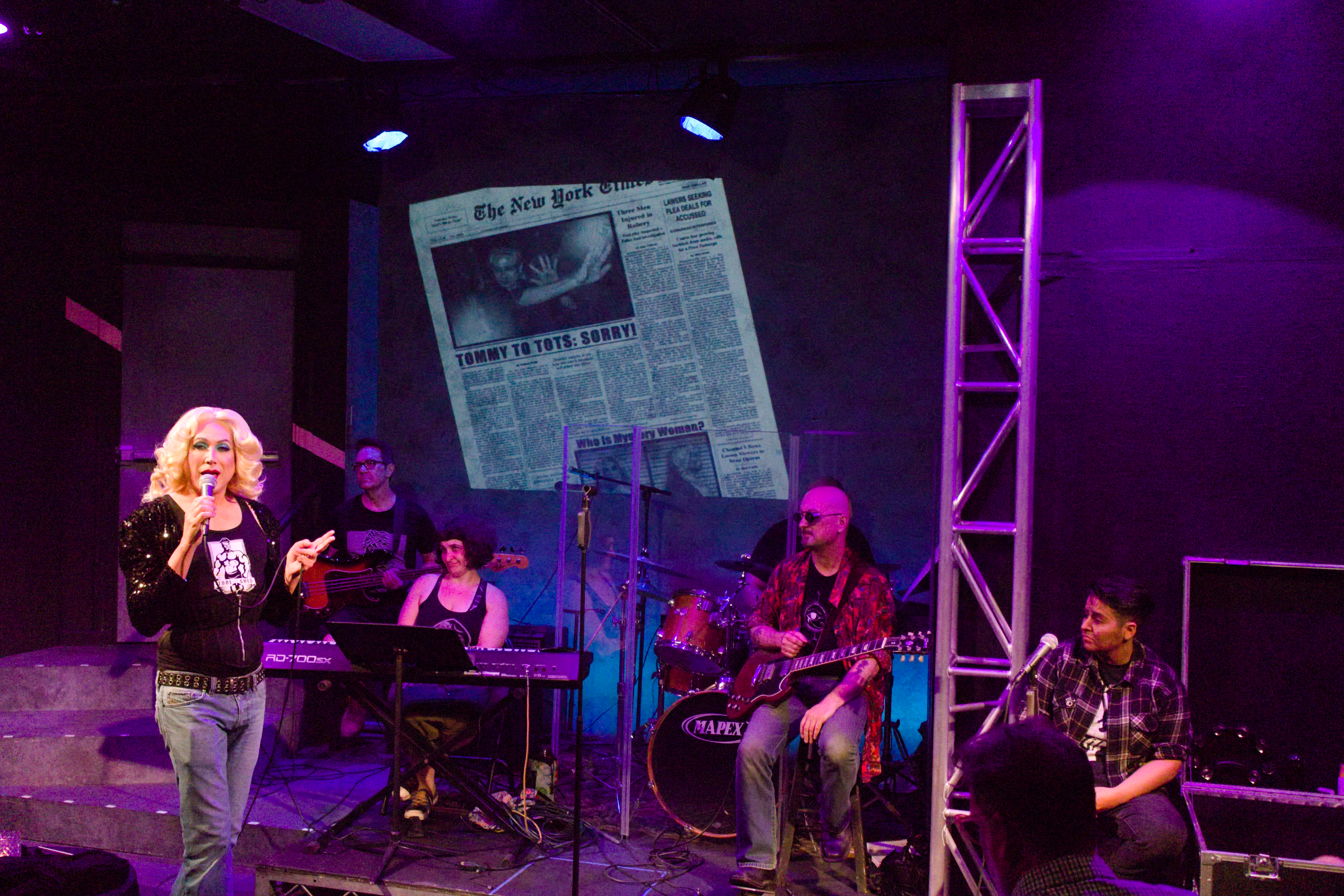 Hedwig and the Angry Inch at the Garage Theatre L to R: JT, Rory Cowan, Ellen Warkentine, Jon Hyrkas, Bryan Gage, Alyssa Garcia Photo Credit Ace Christensen 