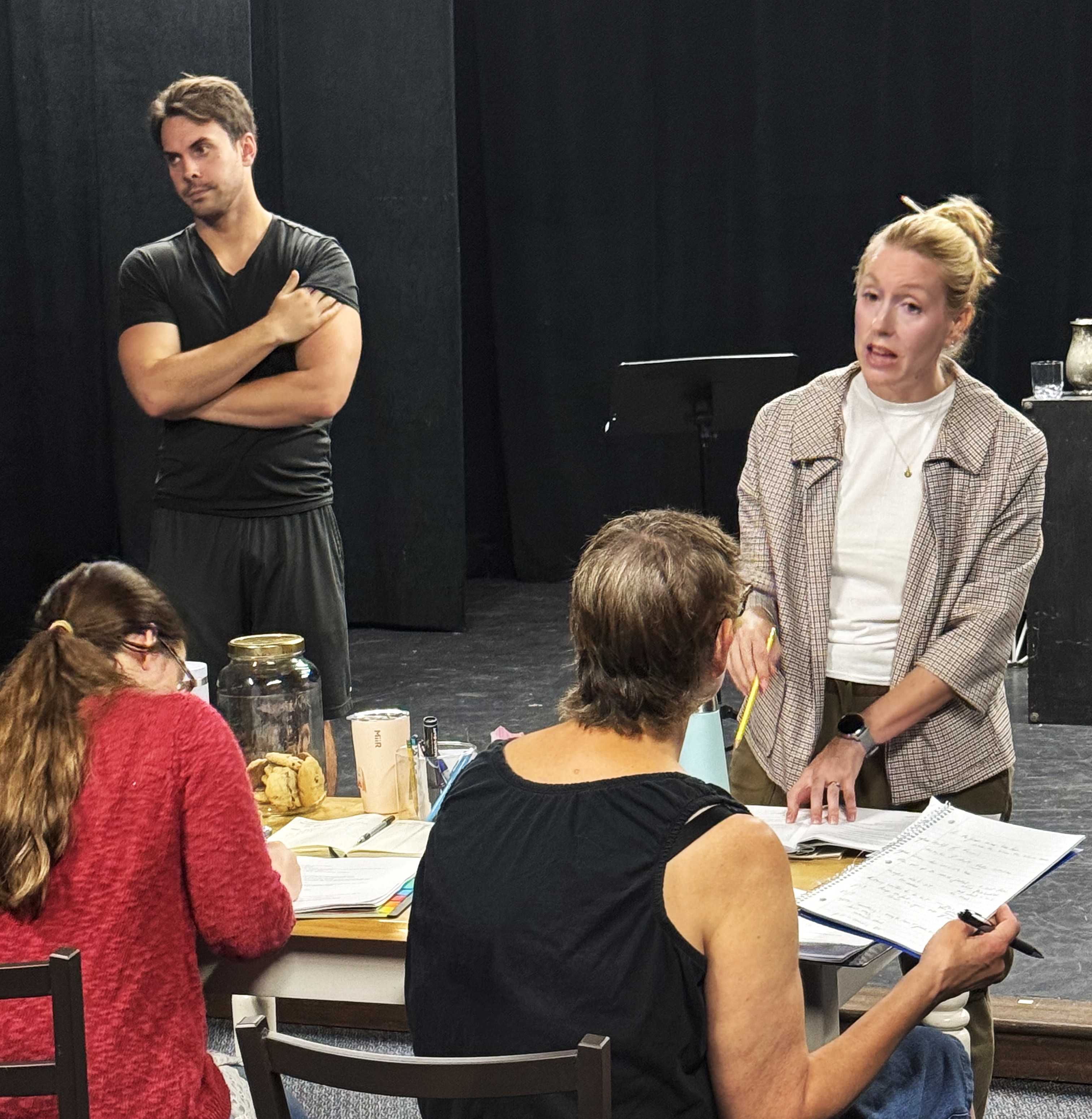Rehearsals have commenced for Bridge Street Theatre''s U.S. premiere of Hannah Moscovitch''s RED LIKE FRUIT. From left: Stage Manager Hannarose Manning, Johnny Travers (Luke), Director Margo Whitcomb, a Rehearsals have commenced for Bridge Street Theatre''s U.S. premiere of Hannah Moscovitch''s RED LIKE FRUIT. From left: Stage Manager Hannarose Manning, Johnny Travers (Luke), Director Margo Whitcomb, a