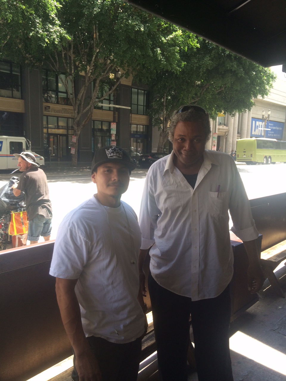 Acting Colleagues Visit An LA Pub: 2015 photo of talented actor, model, rapper Jose Banuelos and veteran stage actor and play director Darryl Maximilian Robinson at The Down N Out in DTLA.