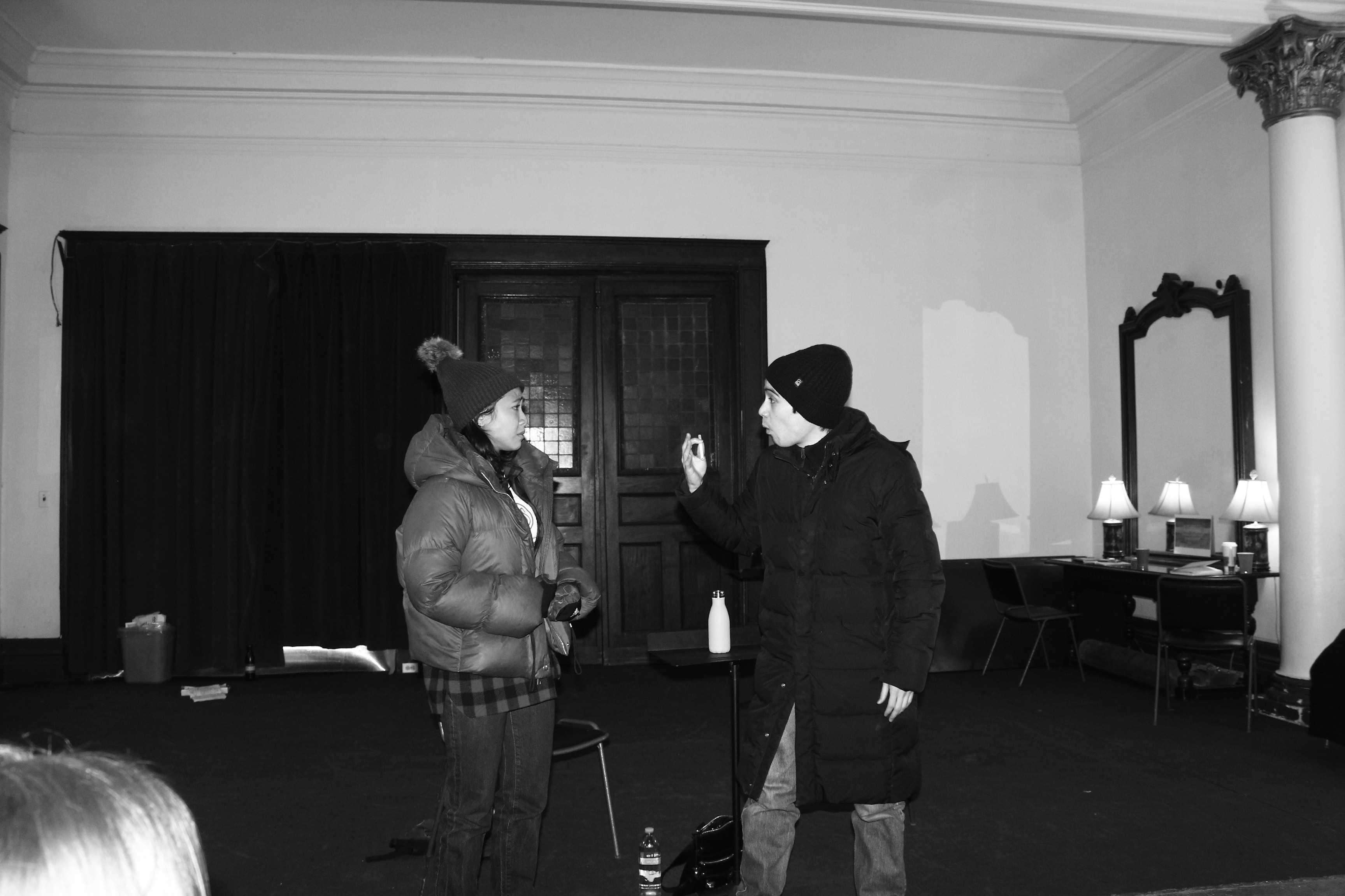 Dessa Delfin and Daniel Ching* in rehearsal for The Norwegians. *Equity Member appearing with permission of Actors? Equity Association without benefit of an Equity contract in this Off-Off Broadway Eq