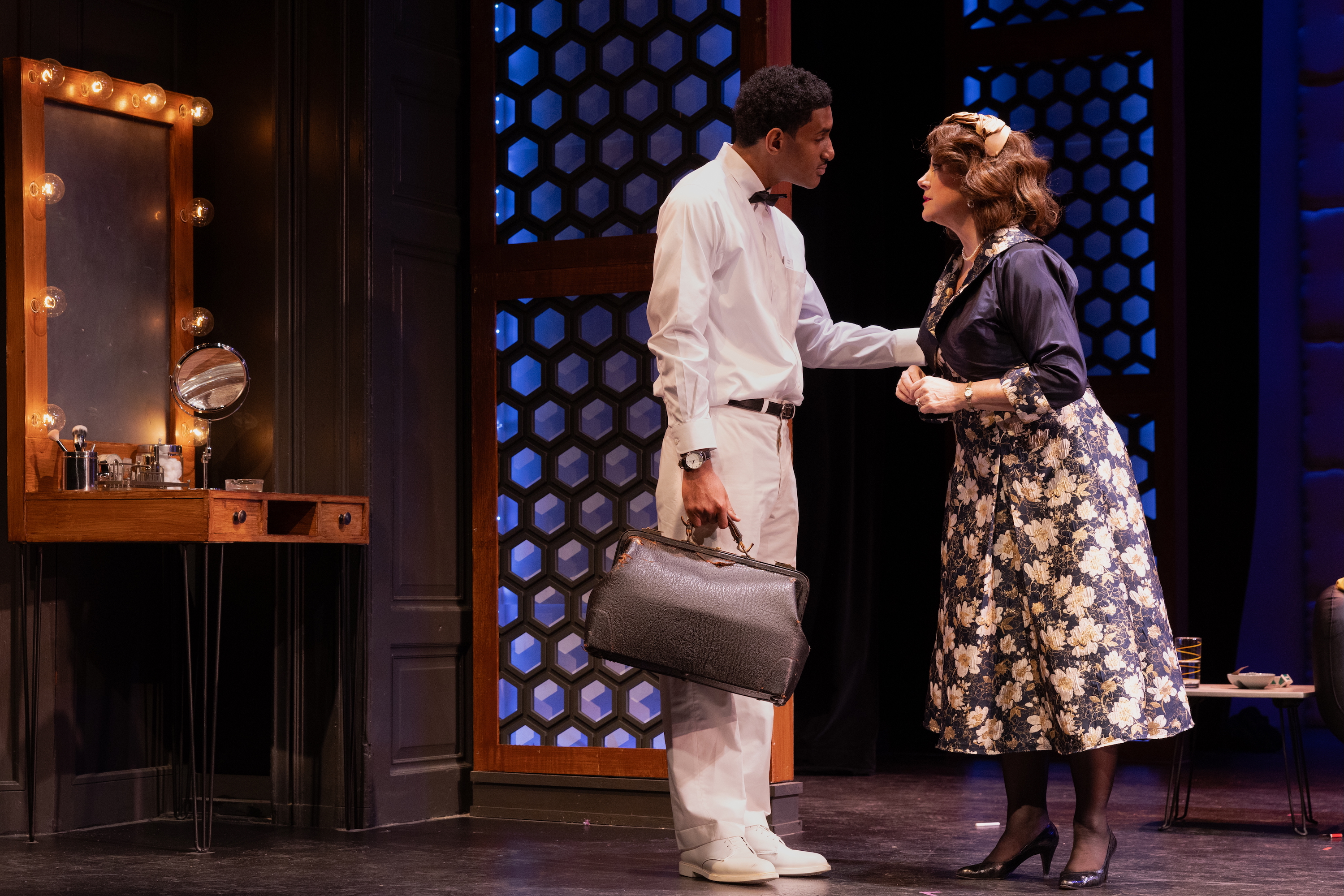 L-R KC Simms (Alvin Finney) and Leslie Castay (June Levant) in Le Petit Theatre''s production of Good Night, Oscar. Photo by Brittney Werner.