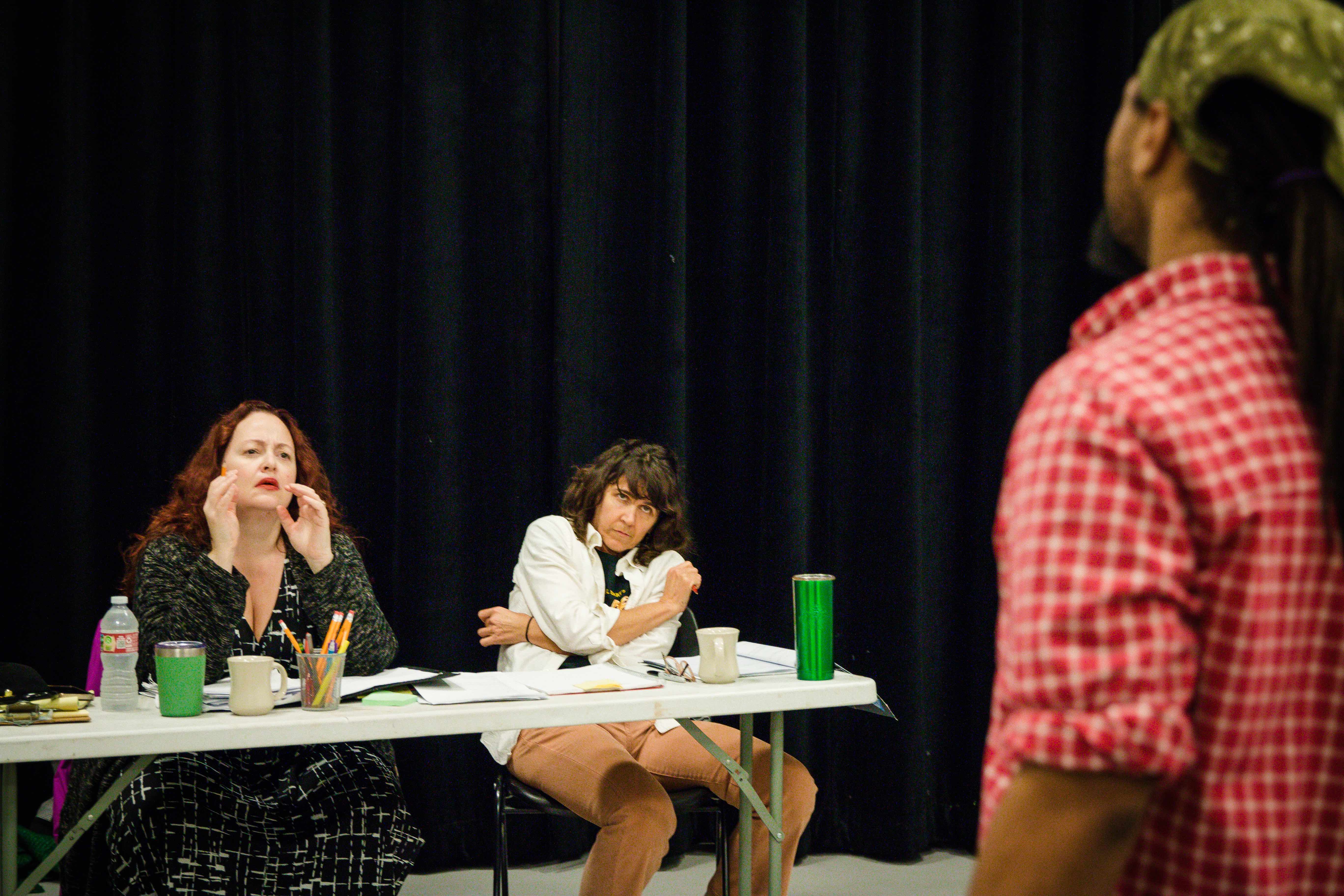 Tamarie Cooper, Amy Bruce and Dillon Dewitt. Rehearsals for IT IS MAGIC by Mickle Maher. The Catastrophic Theatre. Photo by Bryan Kaplun.