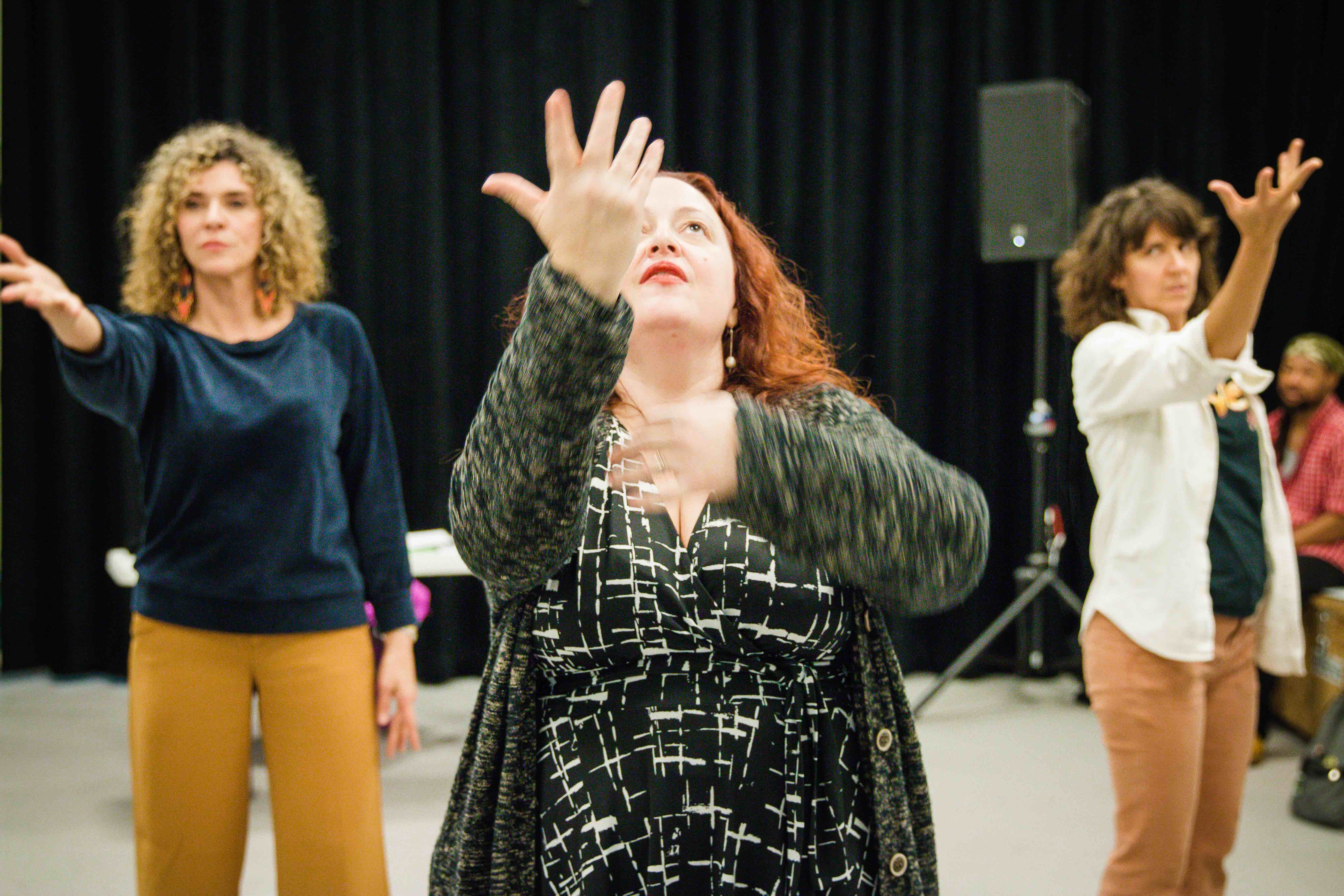 Courtney Lomelo, Tamarie Cooper and Amy Bruce. Rehearsals for IT IS MAGIC by Mickle Maher. The Catastrophic Theatre. Photo by Bryan Kaplun.