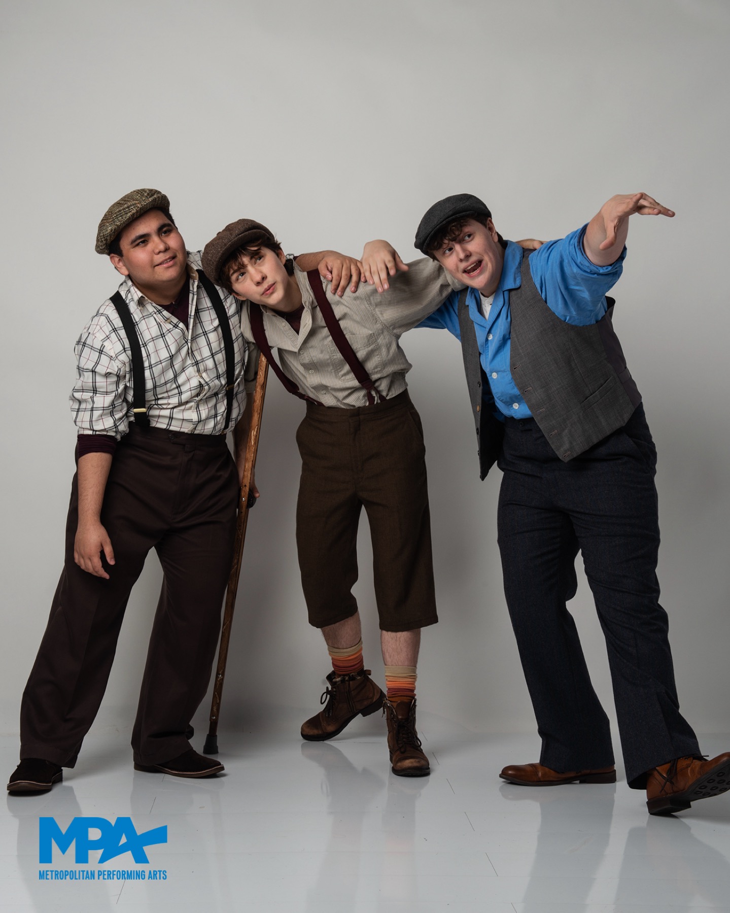 Ethan Dulay as Rasetrack, Lennox Blodgett as Crutchie and Emerson Skogen as Jack Kelly