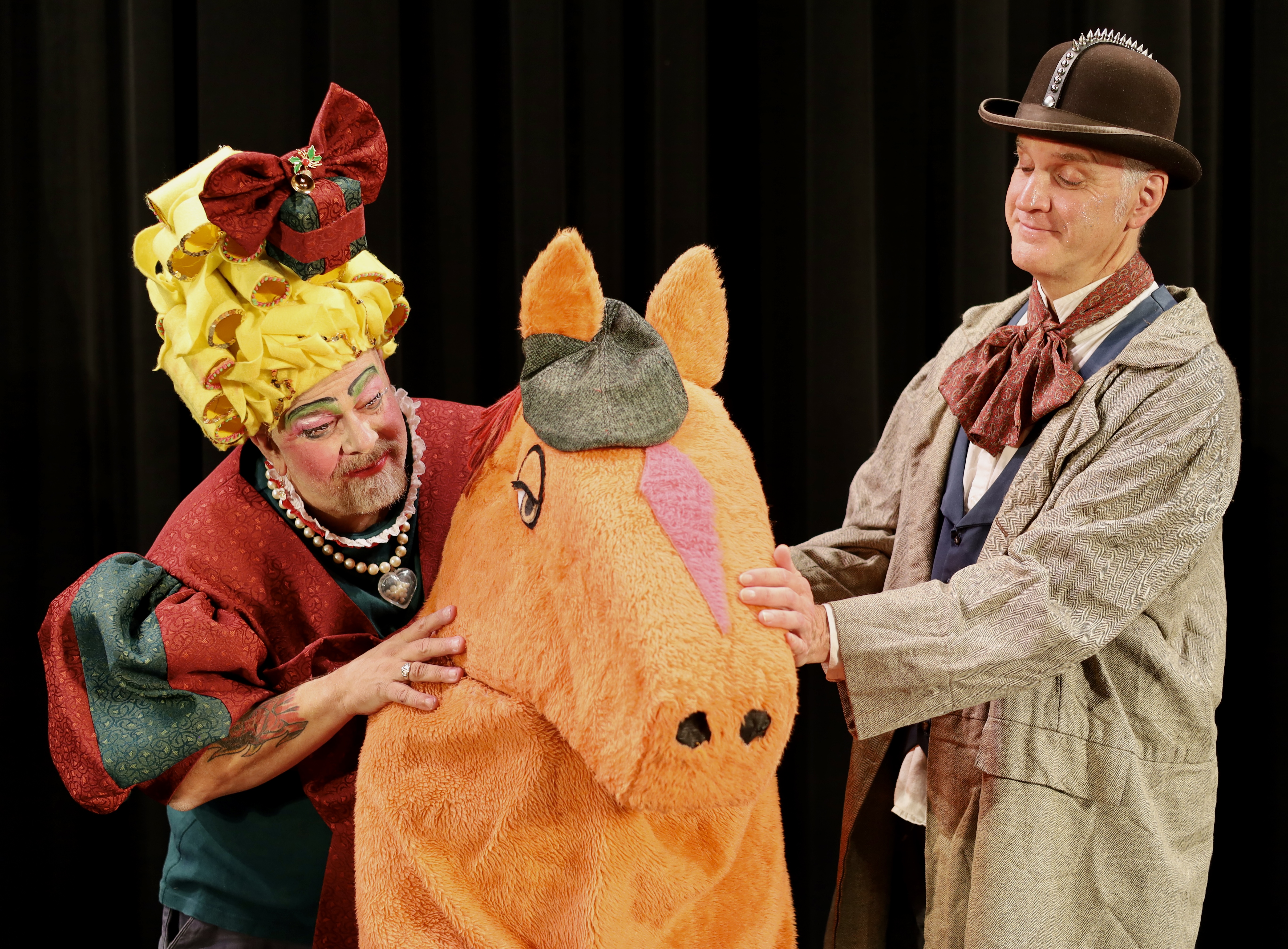 Mark Silver as Joy, Panto Horse, Ted Muhlhauser as Bob Cratchit. Photo by Lori Ann DeLappe-Grondin