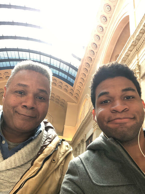 Nephew of A Drood Chairman: Aspiring and talented performer Khabar Erick Forman Robinson takes a Selfie with his Uncle, Actor Darryl Maximilian Robinson, at historic Union Station in Downtown Chicago.