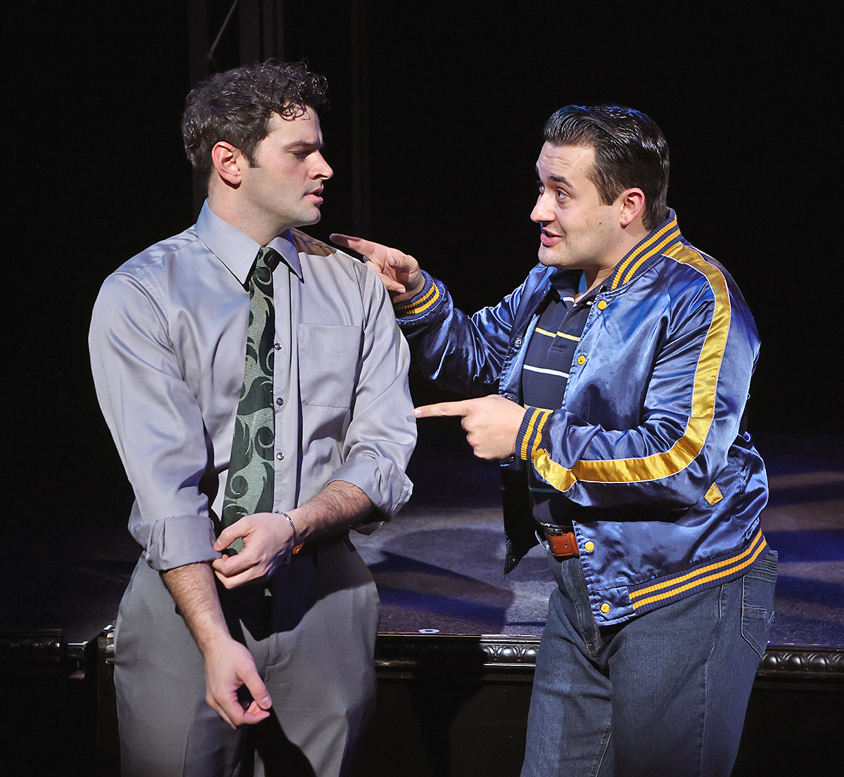 Joe Pesci (Brandon Leporati), right, is excited to tell Tommy DeVito (Kyle Southern) about a new kid who might be good for his group in Beef & Boards Dinner Theatre''s production of Jersey Boys, now on