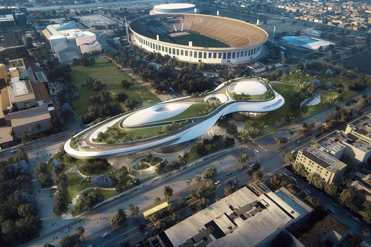 An Eagarly Anticipated Addition To Exposition Park In Los Angeles: Here is a vision of the completed Lucas Museum of Narrative Art expected to open to the general public and film loving world in 2025.