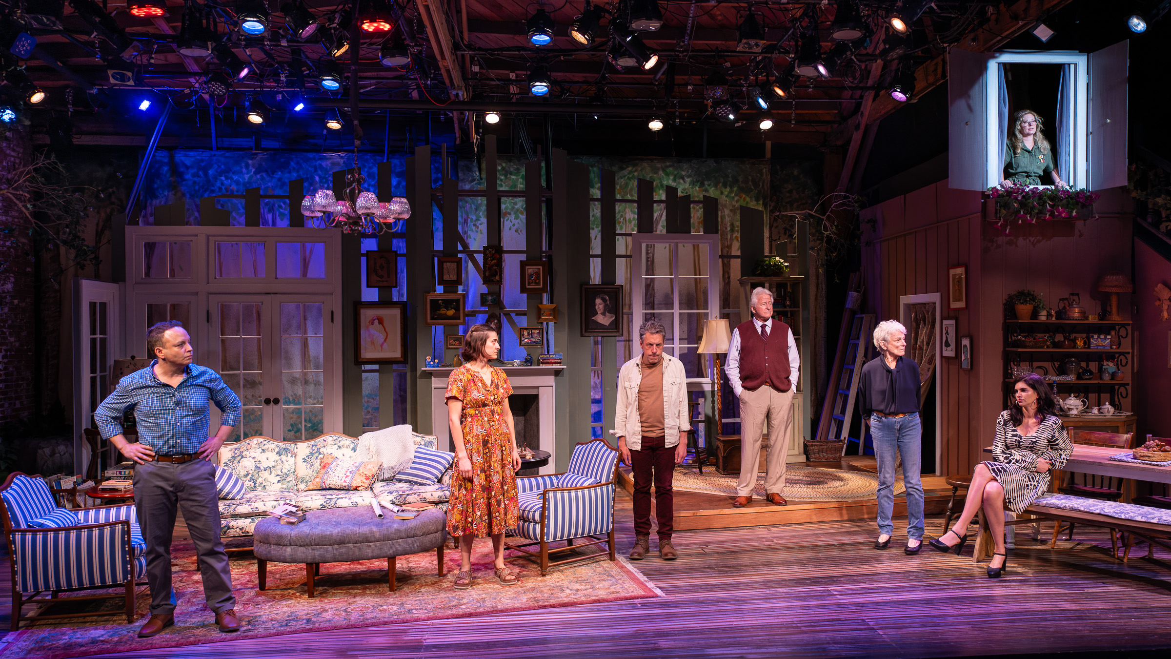 Marc Valera, Olivia Castanho, John Ross Bowie, Steve Vinovich, Anne Gee Byrd, Erin Pineda and Lily Rains in LIFE SUCKS. Photo by Jason Niedle.