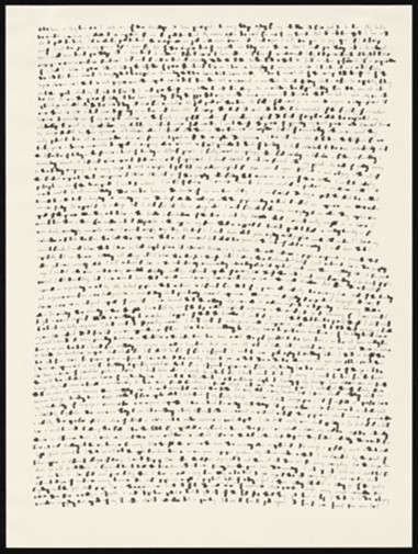 Liza Sylvestre (b.1988). Interference 7/26/2021, 2021. Ink on paper, 18 x 24 in. (45.7 x 61 cm). Courtesy of the artist. Liza Sylvestre. A sheet of off-white paper pinned to a wall, densely filled Liza Sylvestre (b.1988). Interference 7/26/2021, 2021. Ink on paper, 18 x 24 in. (45.7 x 61 cm). Courtesy of the artist. Liza Sylvestre. A sheet of off-white paper pinned to a wall, densely filled