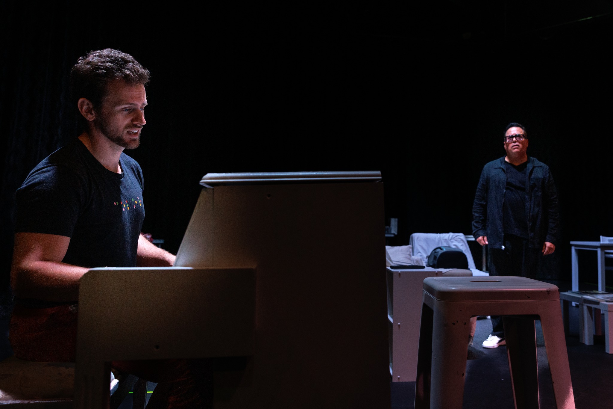 Rehearsal photos from Vantage Theatre''s BEST LAID PLANS by Robert Salerno. In photo: Blake Stadnik (Lucas) and Richard Trujillo (Beethoven). Photo by Steve Murdock